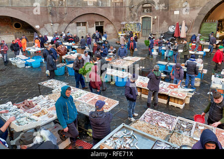 Piscaria, le marché quotidien de la rue à Catane Sicile Italie. Poisson frais, viande, légumes Banque D'Images