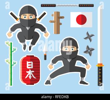 Jeu de Ninja se composent de katana Épée Samouraï, Shuriken, Double Bâtons, bambou, et illustration design plat Kunai. Facile à modifier Illustration de Vecteur