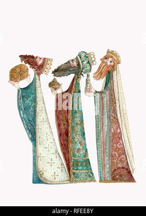 Trois Sages à la comète, illustration à l'aquarelle, fait main Banque D'Images