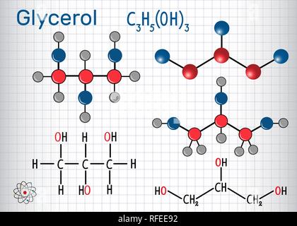 Molécule de Glycérol (glycérine). Formule chimique structurale et molécule modèle. Feuille de papier dans une cage. Vector illustration Illustration de Vecteur