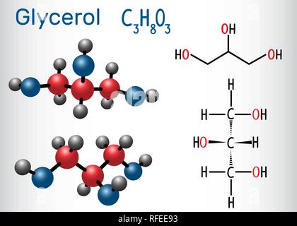 Molécule de Glycérol (glycérine). Formule chimique structurale et molécule modèle. Vector illustration Illustration de Vecteur