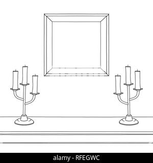 Illustration croquis dessin plume de deux chandeliers et cadre carré blanc sur le mur Banque D'Images