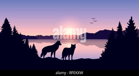 Deux loups se tournent vers le lac et paysage de montagne au lever du soleil illustration vecteur EPS10 Illustration de Vecteur