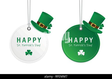 Livre vert et blanc St Patrick Day hanging round label avec chapeau et trèfle vector illustration EPS10 Illustration de Vecteur