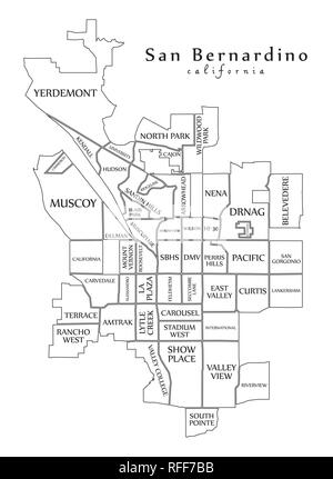 Plan de la ville moderne - ville de San Bernardino en Californie aux Etats-Unis par les quartiers et les titres décrit Illustration de Vecteur