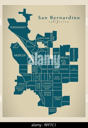 Plan de la ville moderne - ville de San Bernardino en Californie aux Etats-Unis par les quartiers et les titres Illustration de Vecteur