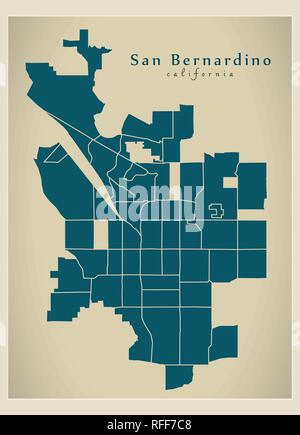 Plan de la ville moderne - ville de San Bernardino en Californie aux Etats-Unis par les quartiers Illustration de Vecteur