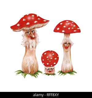 Fly agarics, famille de champignons, mère, père, enfant, clipping, arrière-plan blanc, Allemagne Banque D'Images