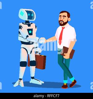 Robot avec porte-documents, serre la main du businessman vecteur. Illustration isolé Illustration de Vecteur