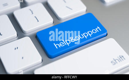 Helpandsupport - Inscription sur le bouton clavier bleu. 3D. Banque D'Images