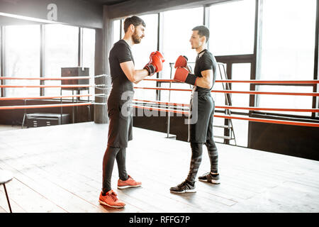 Deux boxeurs professionnels en noir sportswear gants rouge se tenant ensemble avant le combat sur le ring Banque D'Images