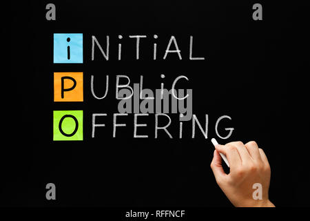 La main IPO - Offre publique initiale de l'acronyme avec craie blanche sur tableau noir. Banque D'Images