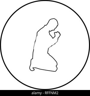 L'homme de prier à genoux silhouette icon noir couleur contours vector I télévision simple style libre en cercle autour Illustration de Vecteur