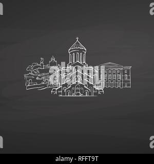 Tbilisi Géorgie signes sur tableau noir. Craie numérique vecteur dessiné esquisse sur tableau noir. Capitales européennes destinations. Illustration de Vecteur