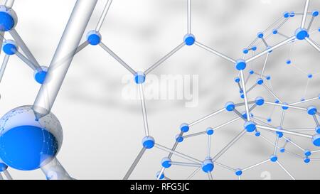 Structure complexe formée par des tubes et sphères bleu comme formant des molécules d'hexagones avec la profondeur de champ sur fond blanc. 3D illustration Banque D'Images