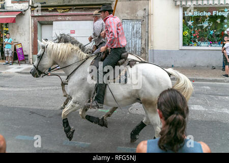 Les Gardians à cheval chevaux camargue à l'assemblée annuelle de taureaux fête, Saint Gilles, Gard, France Banque D'Images