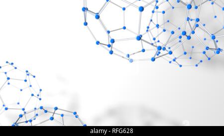 Structure complexe formée par des tubes et sphères bleu comme formant des molécules d'hexagones avec la profondeur de champ sur fond blanc. 3D illustration Banque D'Images