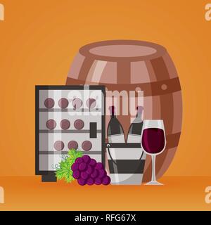 Les bouteilles de vin seau à glaçons réfrigérateur cup et les raisins Illustration de Vecteur