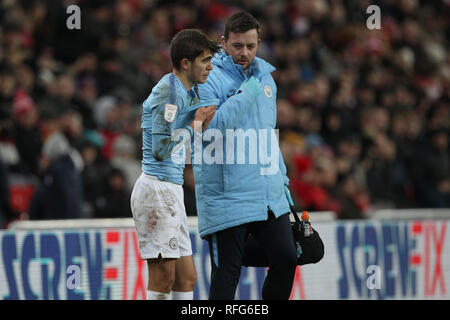 SUNDERLAND, Royaume-Uni 22ème janvier Iker Pozo de Manchester City recevant un traitement au cours de l'Checkatrade Trophy trimestre dernier match entre Sunderland et Manchester City sous 23s dans le stade de la lumière, Sunderland, le mardi 22 janvier 2019. (Crédit : Mark Fletcher | MI News & Sport Ltd) ©MI News & Sport Ltd. Banque D'Images