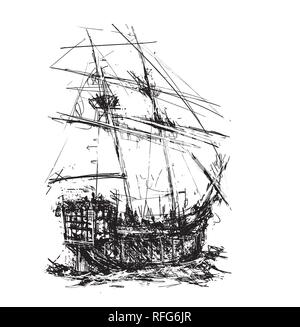 Sketchy voile style bateau de pirate en mer Illustration de Vecteur