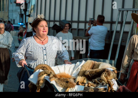 Commerçant de fourrures, poussant le panier dans Old School Défilé des métiers traditionnels à la fête annuelle, Saint Gilles, Gard, France Banque D'Images