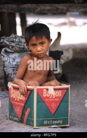 IND, l'Indonésie, Lombok : garçon joue dans une boîte de papier. | Banque D'Images