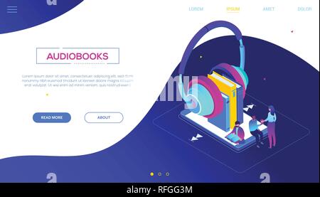 Écouter des livres audio - coloré vecteur moderne isométrique bannière web Illustration de Vecteur