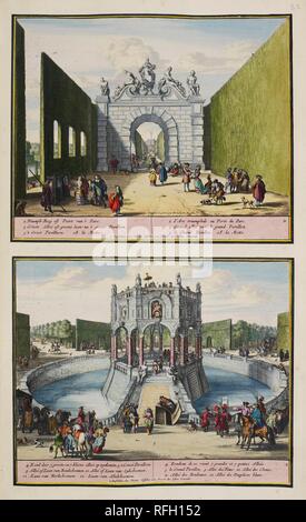 Le parc à Enghien. Une collection de 86 plans et vues de La Haye. Amsterdam, 1718. Le parc à Enghien (ca. 1685). La vue de dessus montre l'Arc de triomphe, datée du 1685, qui a formé la grande entrée au parc. À la gauche peut être entrevu le Grand Bassin ou étang avec l'île jardin sur un monticule. À travers l'arche peut être vu l'avenue qui conduit à l'pavillon principal qui est l'objet de la vue. Image prise de : une collection de 86 plans et vues de La Haye. Publié à Amsterdam, 1718. . Source : Maps.C.9.e.9.(82). Langue : Néerlandais. Auteur : ROMEYN DE HOOGHE. Banque D'Images