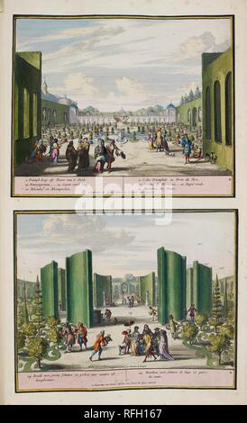 Le parc à Enghien. Une collection de 86 plans et vues de La Haye. Amsterdam, 1718. Le parc à Enghien (ca. 1685). La vue de dessus montre les jardins formels à la droite (est) de la porte principale qui peut être vu dans la distance. Le jardin avant de le duc d'Aremberg's palace à tisser au-delà des couvertures sur la gauche. La partie inférieure affiche l'un des jardins formels qui était parallèle au jardin dans la vue de dessus. La première place va à la trésorerie qui ont été coupés pour former des écrans, green tunnels et un obélisque. Image prise de : une collection de 86 plans et vues de La Haye. Publié Banque D'Images