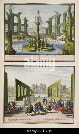 Le parc à Enghien. Une collection de 86 plans et vues de La Haye. Amsterdam, 1718. Le parc à Enghien (ca. 1685). La scène ci-dessus montre la fontaine verte et le Colisée, à l'extrême nord-est, vu du nord, avec le reste des jardins dans la distance, y compris la grande haie sous la forme d'un écran qui n'est vu de plus près de la station basse. La station basse ressemble à travers le grand réservoir, avec la cuisine jardin et pavillon de Samson pour la gauche et le jardin d'herbes à la droite. Image prise de : une collection de 86 plans et vues de La Haye. Publié dans Amsterd Banque D'Images