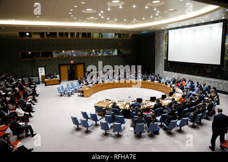 Organisation des Nations Unies. 25 Jan, 2019. La photo prise le 25 janvier 2019 montre une vue générale d'une réunion du Conseil de sécurité des Nations Unies sur les effets des catastrophes liées au climat sur la paix et la sécurité internationales au siège des Nations Unies à New York. Credit : Muzi Li/Xinhua/Alamy Live News Banque D'Images