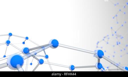 Structure complexe formée par des tubes et sphères bleu comme formant des molécules d'hexagones avec la profondeur de champ sur fond blanc. 3D illustration Banque D'Images