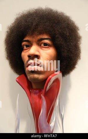 Hyper-vrai portrait sculpture de Jimi Hendrix par Kazuhiro Tsuji au LA Art Show à Los Angeles Convention Center. Banque D'Images