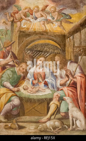 La fresque de la scène de la nativité dans l'église salésienne "Santa Maria delle Grazie' - Sainte Marie de la grâce. "Gloire à Dieu au plus haut' inscription Banque D'Images