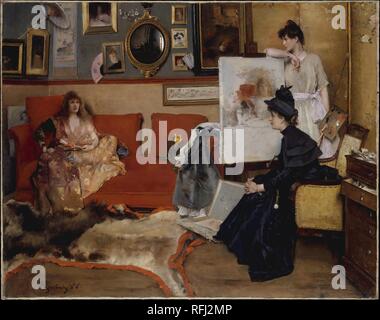 Dans le studio. Artiste : Alfred Stevens (Bruxelles, Belgique 1823-1906 Paris). Dimensions : 42 x 53 1/2 in. (106,7 x 135,9 cm). Date : 1888. Par l'époque Stevens présentait cette peinture au Salon de 1892, son statut de ce grand peintre de la féminité parisienne chic, a été bien établi. L'envoûtant trio de modèle, artiste, et d'un visiteur sont posés dans ce qui est peut-être la propre Stevens Studio, qui était connu pour son arrangement élégant de luxueux objets de collection ; sur le chevalet est sa version de  <i >Salomé </i >, basée sur la célèbre peinture de Regnault 1870 (maintenant dans la galerie 804). Le portefeuille ouvert, pic Banque D'Images