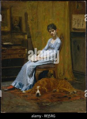 La femme de l'artiste et son chien Setter. Artiste : Thomas Eakins (1844-1916, Philadelphie, Pennsylvanie Philadelphie (Pennsylvanie). Dimensions : 30 x 23 in. (76,2 x 58,4 cm). Date : ca. 1884-89. Eakins a commencé ce portrait peu après son mariage en Janvier 1884 à son ancien élève, Susan Hannah Macdowell (1851-1938), un peintre de talent et photographe. Le réglage est son studio à 1330 Chestnut Street à Philadelphie, où le couple--et leur chien, Harry a vécu de 1884 à 1886. Une photogravure de la peinture à partir de 1886 révèle une femme plus robuste, suggérant que Eakins retravaillé t Banque D'Images