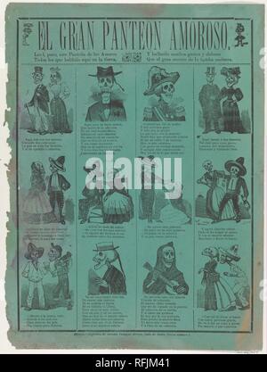 Le grand panthéon de l'amour. Artiste : José Guadalupe Posada (1851-1913), Mexicain. Fiche Technique : Dimensions : 15 3/4 × 11 13/16 in. (40 × 30 cm). Editeur : Antonio Vanegas Arroyo (1850-1917, Mexique). Date : ca. 1910-1915 (publié). À partir des années 1880, Posada a fait des tirages de comté (squelettes) qu'il circule à travers les journaux grand format. Ils représentent des squelettes de danser, jouer des instruments, et illustrant les ballades de rimes (corridos) et d'histoires à propos d'amour imprimé sur du papier de couleur vive pour être vendus par les vendeurs de rue dans les marchés, dans la rue, et dans des festivals. Ils ont été conçus comme un moyen de dire aux Banque D'Images