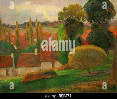 Une ferme en Bretagne. Artiste : Paul Gauguin (français, Paris 1848-1903 Atuona, Hiva Oa, Marquises). Dimensions : 28 1/2 x 35 5/8 in. (72,4 x 90,5 cm). Date : ca. 1894. Au début de sa carrière de Gauguin était attiré par le terrain vierge et relativement éloigné de la Bretagne, dans le nord-ouest de la France. La culture bretonne, infusé avec des vestiges de son passé celtique païenne, a demandé à son goût pour les primitifs et l'exotisme. L'artiste est pensé pour avoir fait ce travail au cours de sa cinquième et dernière visite dans la région en 1894, entre les voyages vers les tropiques. Le coup de pinceau rappelle Gauguin's plus tôt Impre Banque D'Images