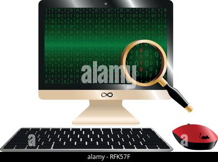 Modern computer monitor with binary code on green background and magnifying loupe - abstract vector illustration. Programming, data security or virus  Illustration de Vecteur