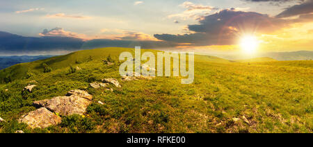 Panorama de belles prairies alpines des Carpates au coucher du soleil dans la lumière du soir. été merveilleux paysage. des nuages sur le ciel bleu. pierres sur les e Banque D'Images