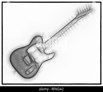 Un fractal résumé image en noir et blanc d'un classique guitare électrique sur un fond blanc. Banque D'Images