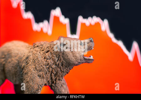 Crash boursier avec graphique rouge drop en arrière-plan et de garder à l'avant. Tendance du marché de l'ours concept. Banque D'Images