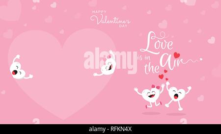 Happy Valentine's day part l'amour est tout autour de lettrage sur fond rose. Cute cartoon coeur romantique et citer, carte postale, carte d'invitation, banner t Illustration de Vecteur