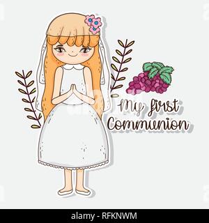 Première communion fille avec des raisins et des branches feuilles Illustration de Vecteur