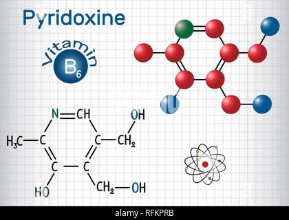 Molécule de pyridoxine, est une vitamine B3. Feuille de papier dans une cage. Formule chimique structurale et molécule modèle. Vector illustration Illustration de Vecteur