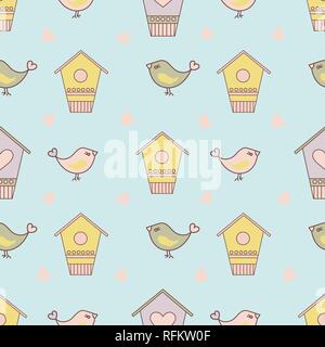 Printemps DES OISEAUX Cartoon Vector Pattern transparente pour impression, tissu et décoration. Illustration de Vecteur