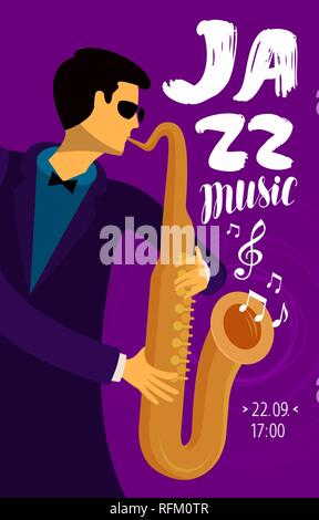 L'étiquette de musique de jazz. Musicien joue du saxophone. Vector illustration Illustration de Vecteur