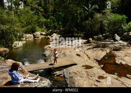 Un petit pont de bois sur une rivière qui coule, le granit bend voie de broken river, Eungella National Park, Queensland, Australie Banque D'Images