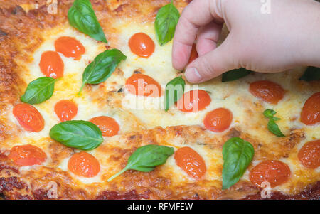 Woman decorating lasagnes végétariennes aux herbes dans la plaque de cuisson qui vient d'être pris hors du four Banque D'Images