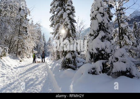 En plein air d'hiver peuvent être décideur de conte pour les enfants ou même des adultes, la mère et le fils debout sur la piste couverte de neige avec des traîneaux, Slovénie, Krnica valley Banque D'Images